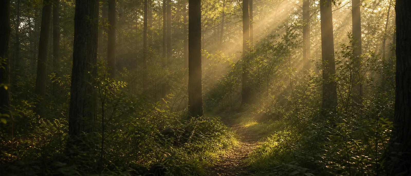 A sunlit path opening through a green forest at morning