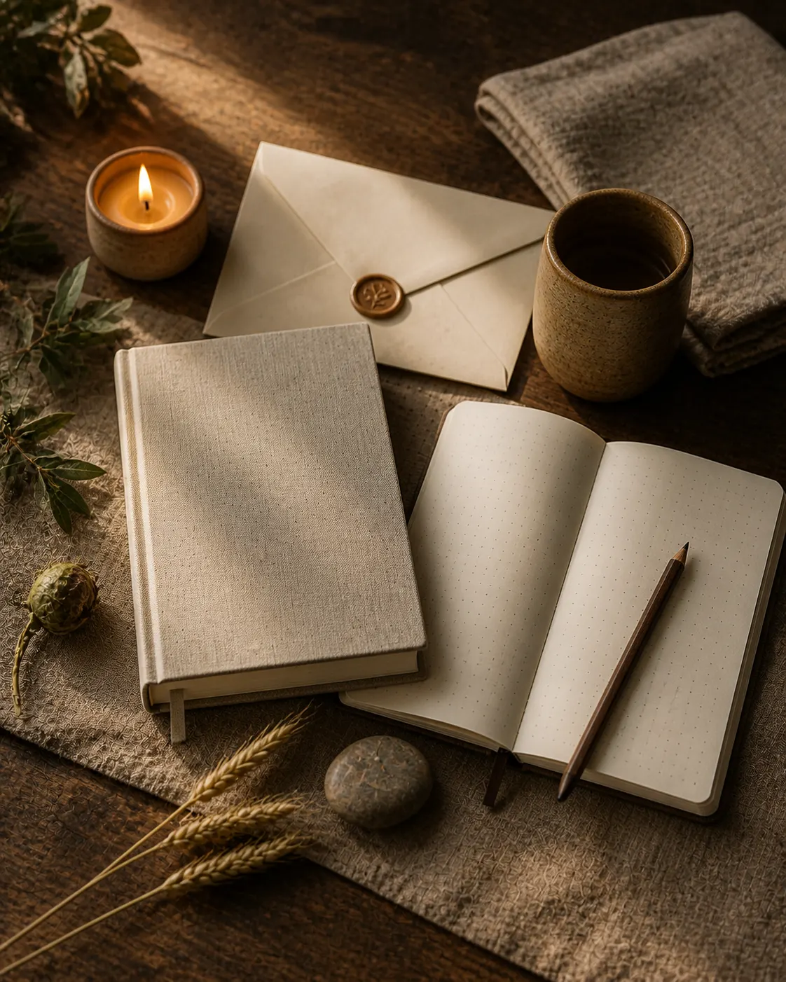 The Anabasis course books, candle, and writing tools prepared for enrollment