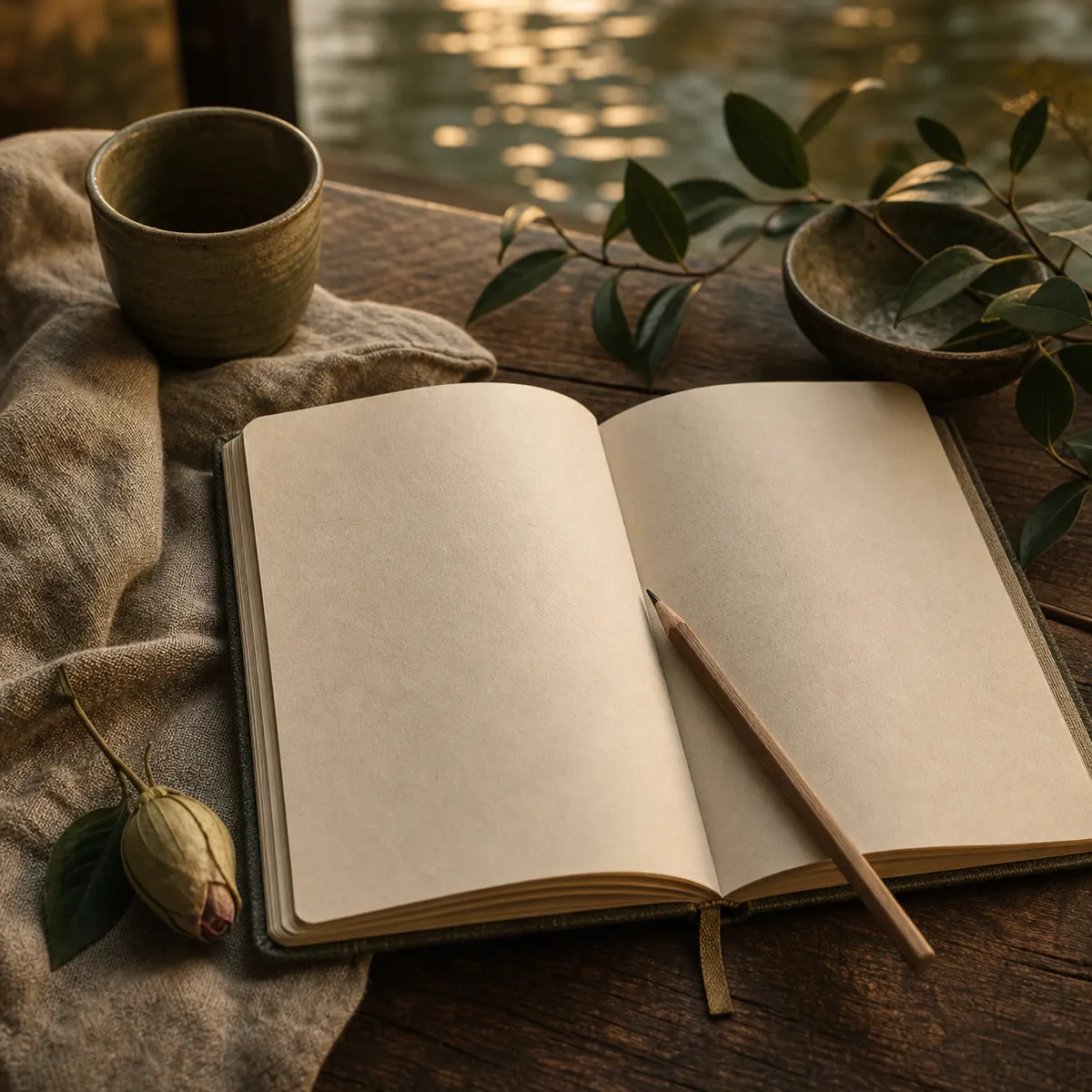 An open blank journal in warm window light