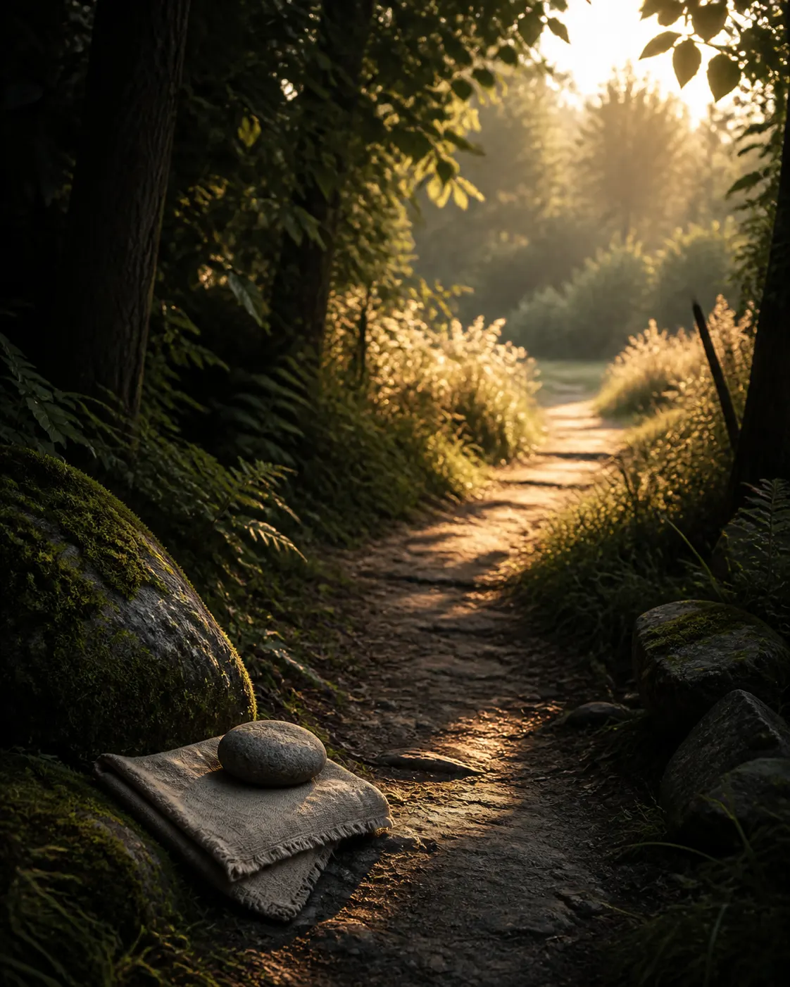 A sunlit forest path at morning, a folded cloth and smooth stone resting beside it